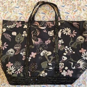 Rare Vanessa Bruno Paris Tote Bag Black Canvas Jungle Floral Pattern Sequins